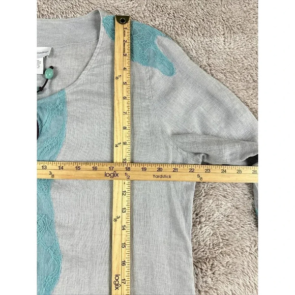 Soft Surroundings Linen Tunic Top Size L Gray Aqua Lace Boho 3/4 Sleeves - Picture 7 of 16